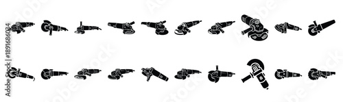 Set of various black silhouette angle grinder isolated on white background.