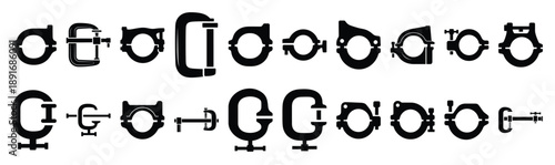 Set of various black silhouette bar clamp isolated on white background.