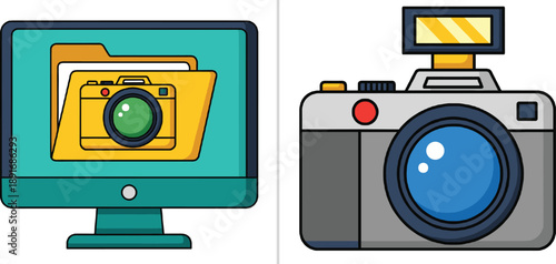 Flat Vector Illustration of a Modern Desktop Monitor with Photo Folder and a Digital SLR Camera with FlashFlat Vector Illustration of a Modern Desktop Monitor with Photo Folder and a Digital SLR Camer