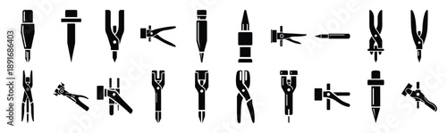 Set of various black silhouette center punch isolated on white background.