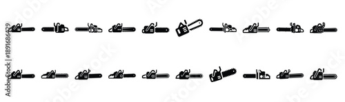 Set of various black silhouette chainsaw isolated on white background.