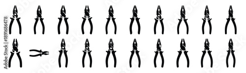 Set of various black silhouette combination pliers isolated on white background.