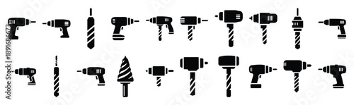 Set of various black silhouette drill bit isolated on white background.