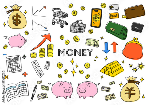 お金に関係するものの手描きイラストセット