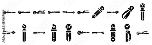 Set of various black silhouette glass cutter isolated on white background.