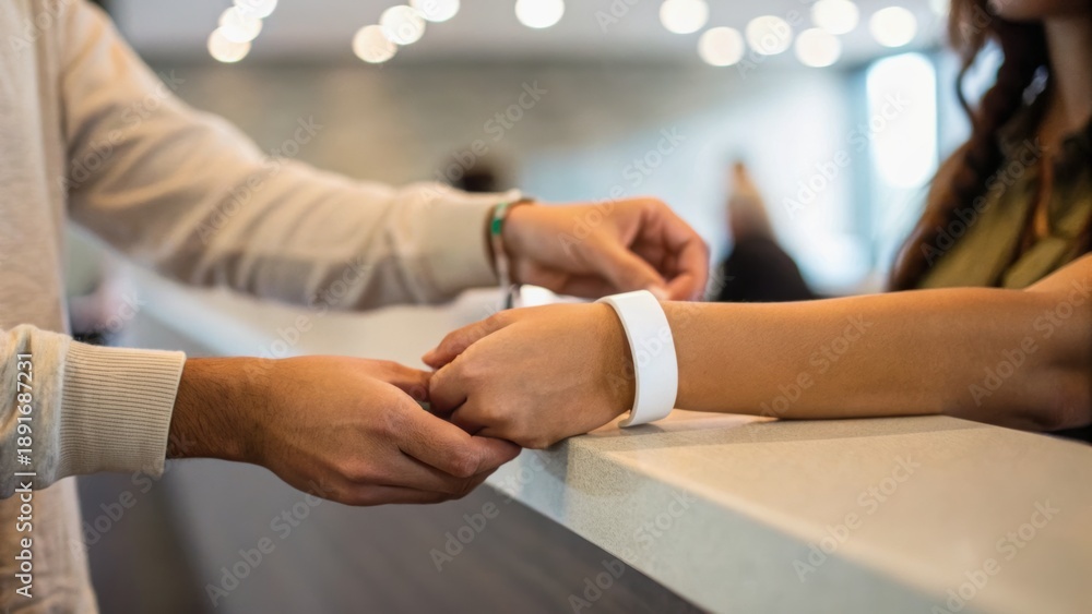 Obraz premium A person is handing a wristband to another at a counter in a modern setting, suggesting a check-in or registration process.
