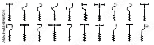 Set of various black silhouette hand auger isolated on white background.