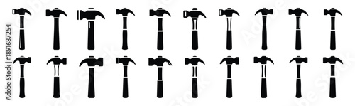 Set of various black silhouette hammer isolated on white background.