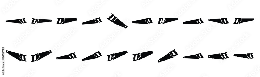 Fototapeta premium Set of various black silhouette hand saw isolated on white background.