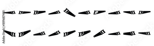 Set of various black silhouette hand saw isolated on white background.
