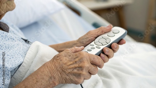 An elderly person's hands hold a remote control while resting in a hospital bed, showcasing comfort and accessibility in healthcare settings.