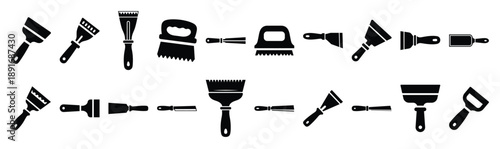 Set of various black silhouette hand scraper isolated on white background.