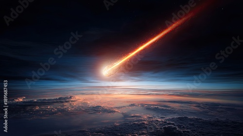 Space threat - huge asteroid. A meteorite flies over the surface of the Earth. The meteorite flies across the sky, a thrilling and beautiful reminder of the universe's wonders.