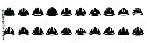 Set of various black silhouette hard hat isolated on white background.