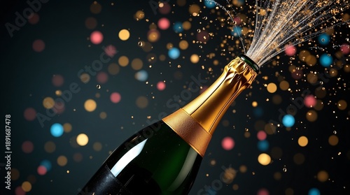 This is a vibrant, high-energy close-up capturing the thrilling moment a champagne bottle is opened.