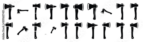Set of various black silhouette hatchet isolated on white background.