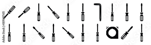 Set of various black silhouette hex screwdriver isolated on white background.