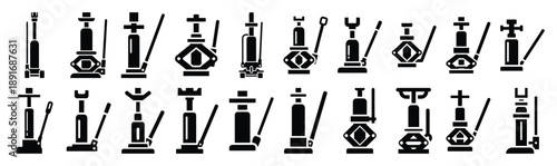 Set of various black silhouette hydraulic jack isolated on white background.