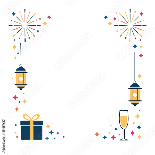 Sparkling party border featuring lanterns, gift box and champagne toast for invitations
