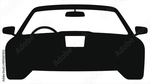 Front View Modern Car Silhouette, Smart AI-Powered Automobile Vector Illustration. Minimalist Black Flat Vehicle Icon, Ideal for Autonomous Driving Concepts, AI Car Dashboard Design, Automotive 