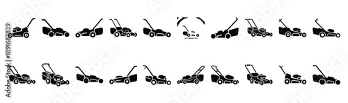 Set of various black silhouette lawn mower isolated on white background.