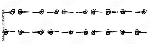 Set of various black silhouette leaf blower isolated on white background.