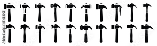 Set of various black silhouette mason hammer isolated on white background.