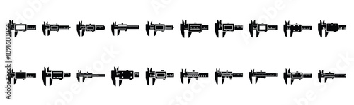 Set of various black silhouette measuring caliper isolated on white background.