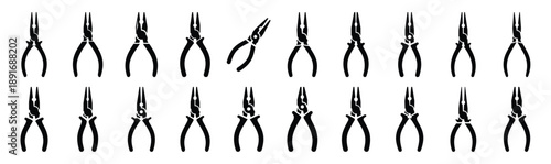 Set of various black silhouette needle nose pliers isolated on white background.