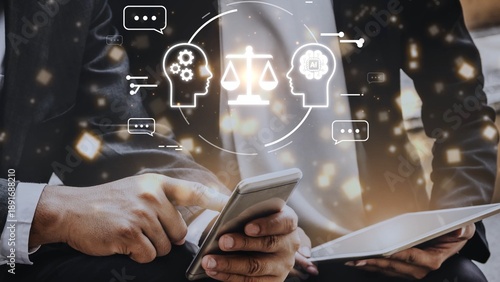 Photography Business professionals discussing legal matters, technology integration, and decision making with digital icons and symbols representing law and communication Gluon