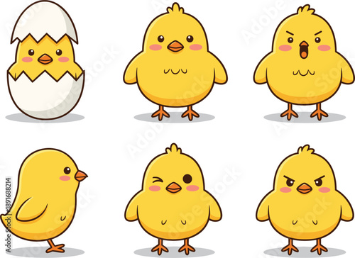 Cute Kawaii Chick Character Illustrations Featuring Different Emotions and Hatching from an Egg