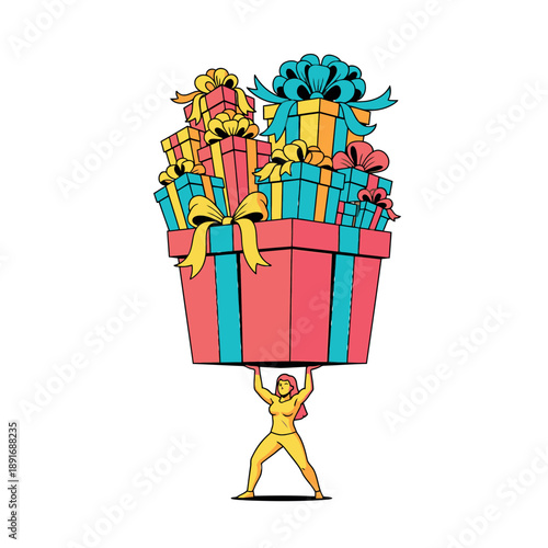 Man carrying a large gift box with multiple presents.