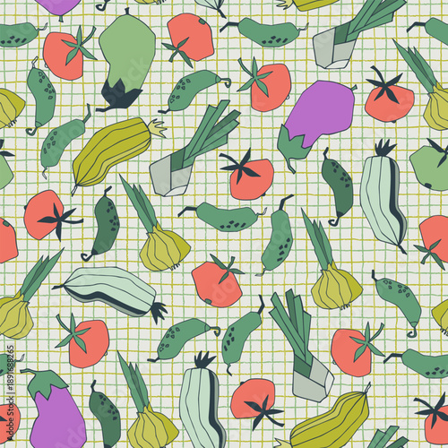 Seamless repeating pattern with vegetables. Stylized vector line art. Abstract colorful illustrations on beige background. Healthy food, carbs, veganism concept