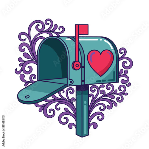 Vintage style illustration of a mailbox with a heart on a decorative background.