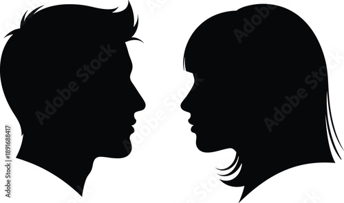 Black silhouettes of a man and a woman facing each other silhouettes, black, man, woman, faces, profile, side view, white background, couple, people, heads, hair, facing, each, other, against, white, 