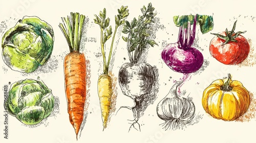 Hand-drawn colorful root vegetables and fruits illustration with carrot, beet, garlic, pumpkin.