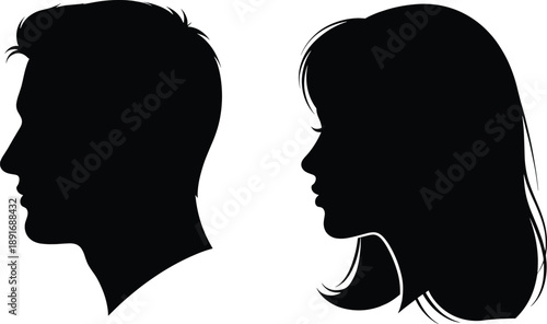 Black silhouettes of man and woman facing each other silhouettes, man, woman, couple, black, white background, profiles, faces, side view, hair, people, human, male, female, facing, each, other, white