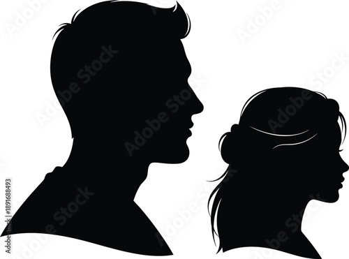 Black silhouettes of man and woman facing right couple black, silhouette, man, woman, couple, profile, side view, hair, white background, simple, minimalistic, silhouettes, facing, right, white, backg