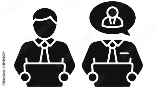 Artificial Intelligence Virtual Assistant Icon – Business People Using Laptops, Online Customer Support Chatbot, Remote Communication, Flat Black and White Vector Illustration 
