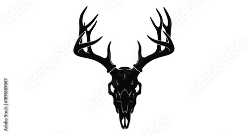 A silhouette of a deer skull with large antlers is displayed against a white background.