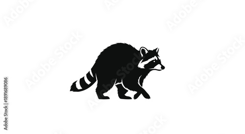 A black silhouette of a raccoon with a striped tail walks on a white background.