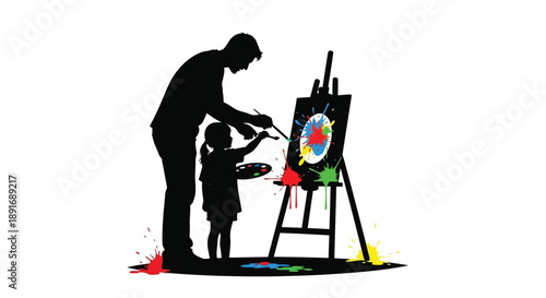 A father and child create art together on an easel with colorful paints.