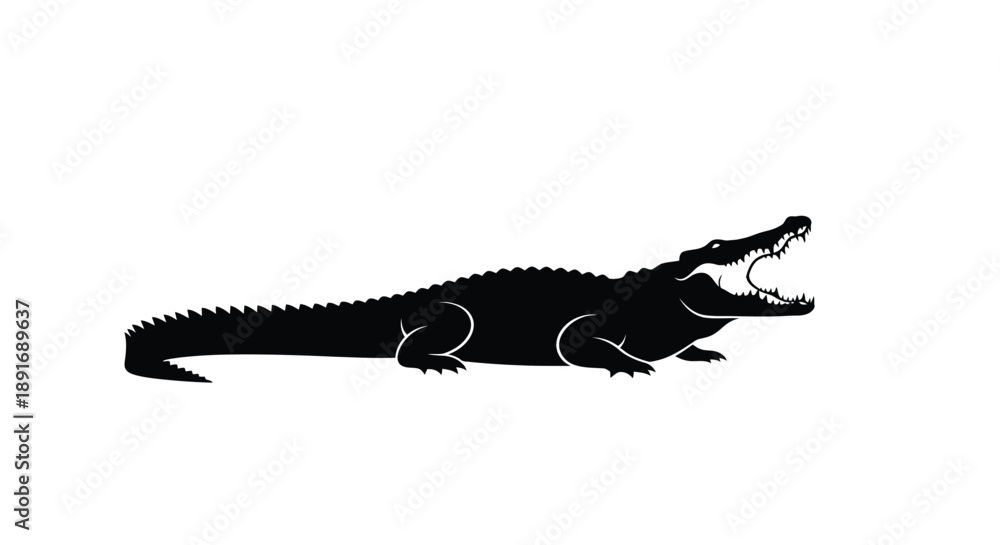 Fototapeta premium A black silhouette of an alligator with its mouth open wide.
