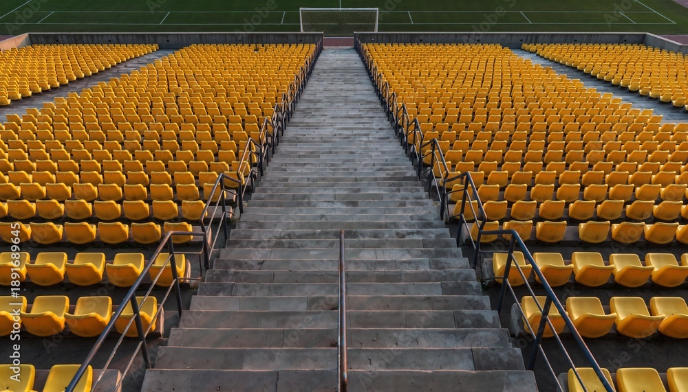 Fototapeta premium Long rows of empty yellow stadium seats leading up concrete stairs, showcasing an impressive yet quiet sports venue, ideal for event, architecture, and sports concepts.
