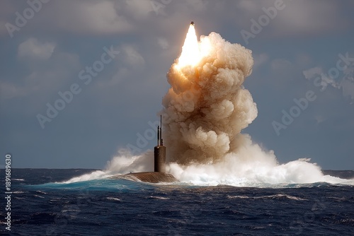 Wallpaper Mural Nuclear war. Launch of a nuclear ballistic intercontinental missile from submarine. The submarine releases its deadly payload, an intercontinental nuclear missile climbing skyward. Torontodigital.ca