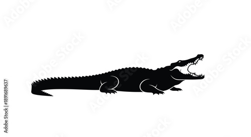 A black silhouette of an alligator with its mouth open wide.