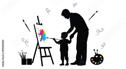 A father and child are painting together, creating a colorful piece of art on an easel.