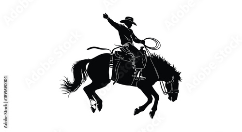 A skilled cowboy performs a daring ride on a bucking bronco, silhouetted against a white background.