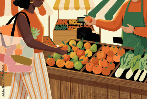 Vector illustration of a Black woman shopping for fresh oranges and vegetables at a farmers market stall. A customer buying healthy organic food with a reusable tote bag from a local grocer.