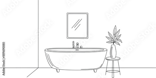 Minimalist line art illustration depicting a sleek freestanding bathtub centerpiece in a modern bathroom setting ready for relaxation and interior design visualization projects.